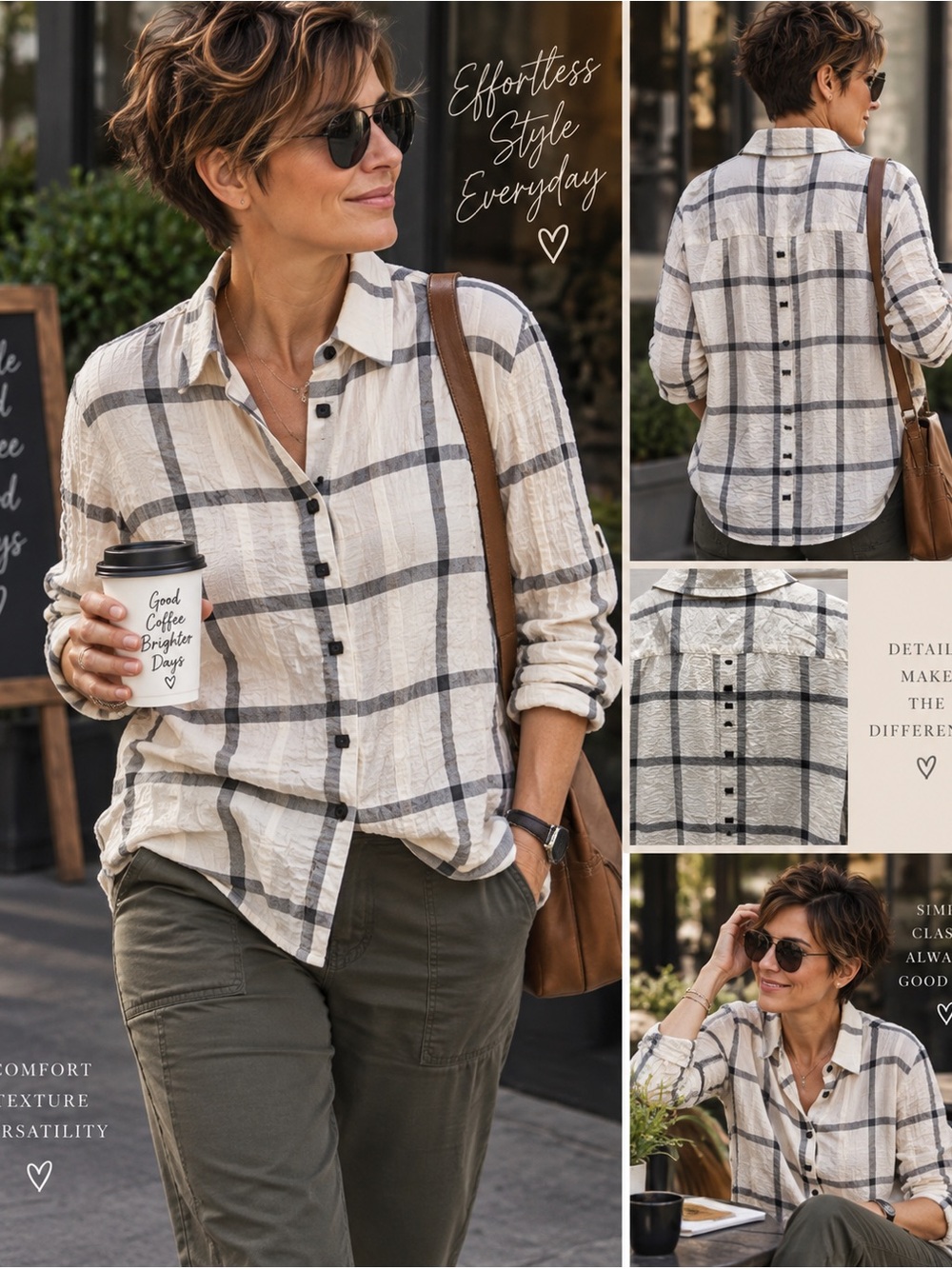 Multiples Cream Button-Down Shirt with Gray Windowpane Plaid